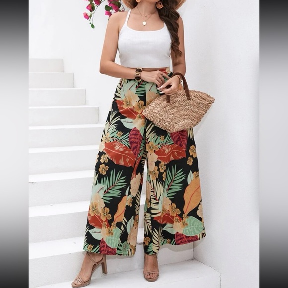 Boho floral leaves tropical print wide leg palazzo pants - Picture 8 of 12